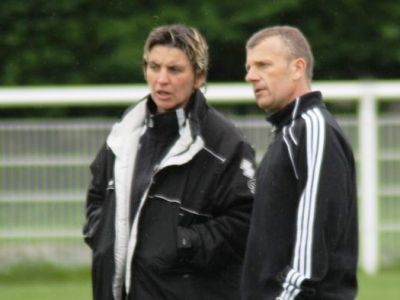 Sandrine Mathivet avec Patrice Lair avant le quart de finale victorieux face à l'OL (photo : Eric Levecot)