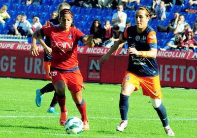 Shirley Cruz et Kelly Gadea lors du match aller (photo MHSC)