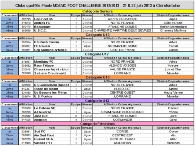 MOZAIC FOOT CHALLENGE - Découvrez les qualifiés pour la finale de CLAIREFONTAINE ce week-end...