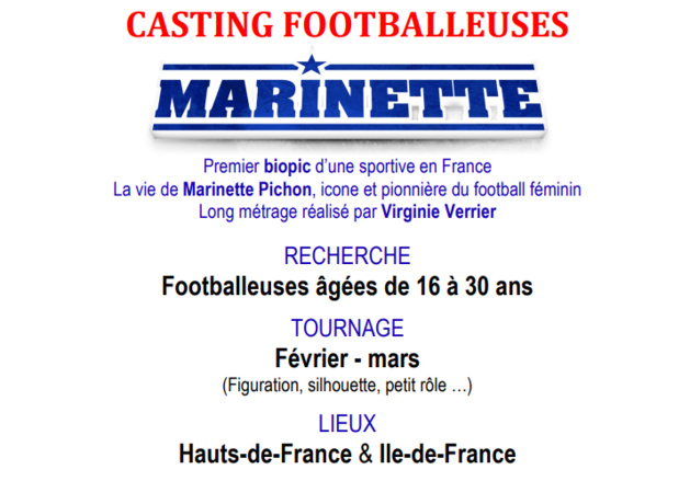 Cinéma - Casting footballeuses pour le biopic "MARINETTE" Cinéma - Casting footballeuses pour le biopic "MARINETTE"