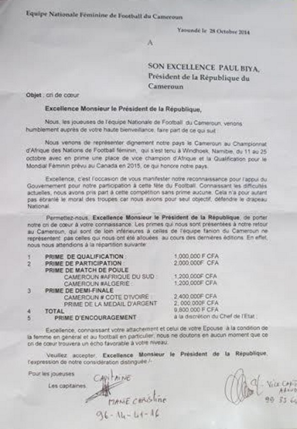 CAMEROUN - Les joueuses ont obtenu les primes demandées CAMEROUN - Les joueuses ont obtenu les primes demandées