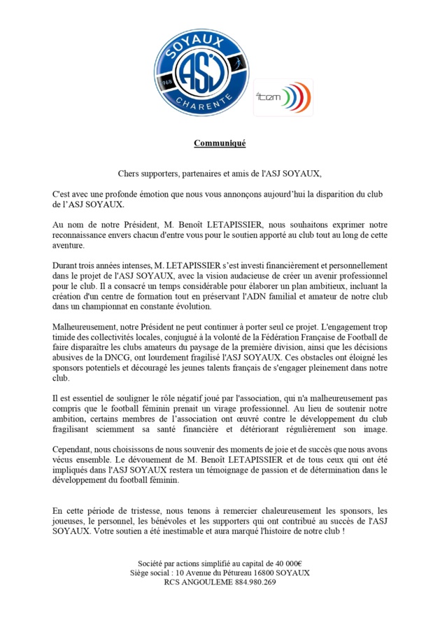 SOYAUX : la SAS en liquidation judiciaire, l'association historique prête à rebondir SOYAUX : la SAS en liquidation judiciaire, l'association historique prête à rebondir