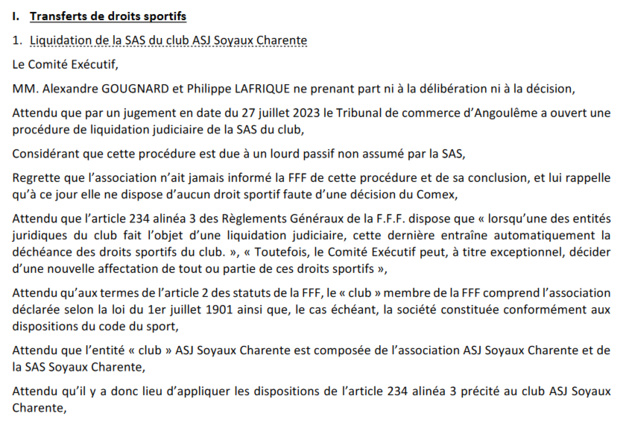 REGION - Droits sportifs : Le COMEX de la FFF interdit la participation de SOYAUX en R1 REGION - Droits sportifs : Le COMEX de la FFF interdit la participation de SOYAUX en R1
