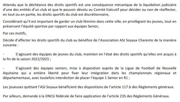 REGION - Droits sportifs : Le COMEX de la FFF interdit la participation de SOYAUX en R1 REGION - Droits sportifs : Le COMEX de la FFF interdit la participation de SOYAUX en R1