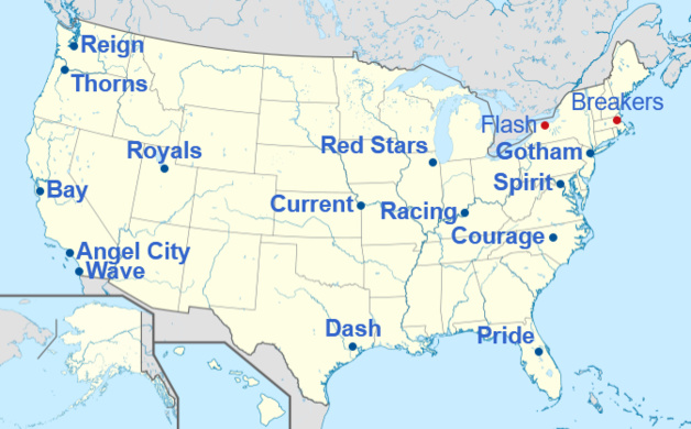 Les équipes de NWSL (en bleu : actuelles, en rouge : anciennes) (source : Wikipedia) Les équipes de NWSL (en bleu : actuelles, en rouge : anciennes) (source : Wikipedia)