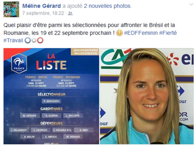 La joie de Méline lors de sa convocation sur sa page facebook La joie de Méline lors de sa convocation sur sa page facebook