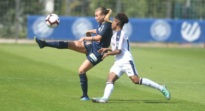 Torrent dégage devant Tarrieu, buteuse du jour (photo MHSC)