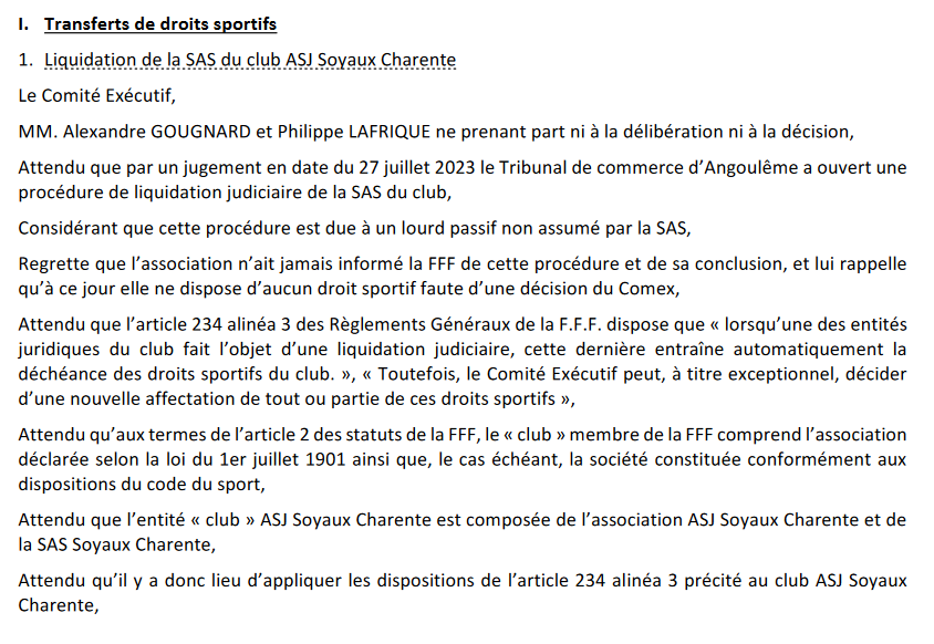 REGION - Droits sportifs : Le COMEX de la FFF interdit la participation de SOYAUX en R1 REGION - Droits sportifs : Le COMEX de la FFF interdit la participation de SOYAUX en R1