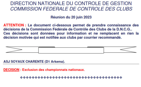 #D2F - DNCG : L'ASJ SOYAUX exclue des championnats nationaux